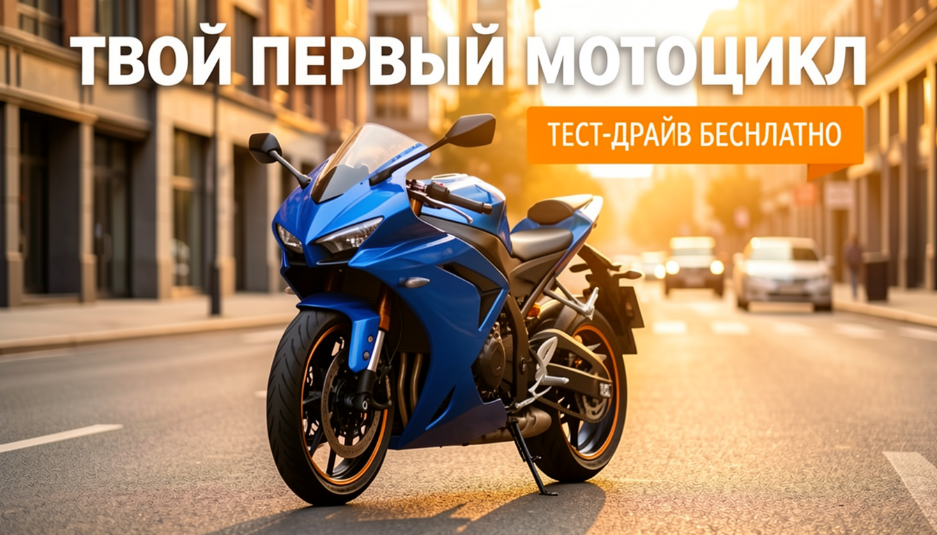 Баннер с мотоциклом и оффером: Твой первый мотоцикл — тест-драйв бесплатно